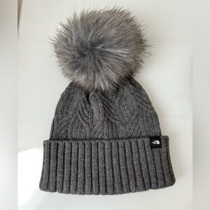 NORTH FACE Womens Oh Mega Fur Pom Beanie GRAY Recycled Polyester Faux Fur Pom